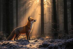 A fox stands gracefully in a serene forest, bathed in soft sunlight streaming through tall trees. The surrounding foliage is dark, enhancing the warm glow around the fox. photo