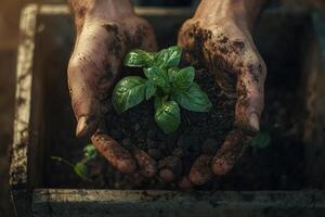Two hands, covered in soil, gently cradle a small green plant against a rustic wooden box. The warm glow of sunset surrounds the scene, highlighting the nurturing care given to new life. photo