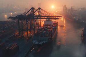A cargo ship is seen loading and unloading containers at a bustling harbor as the sun rises, casting an orange glow over the skyline and industrial cranes. The water reflects the morning light. photo