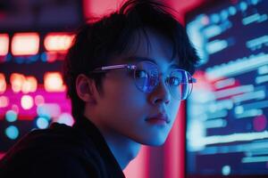 A young individual focuses intently on a computer screen filled with code, surrounded by colorful neon lights. The atmosphere is energetic and modern, highlighting the tech-savvy environment. photo