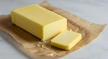 Fresh Butter in Block on Parchment Paper Ready for Cooking photo