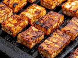 Grilled Golden Tempeh Slices on a Barbecue Grill photo