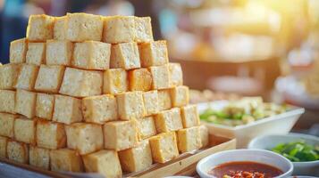 Crispy Deep-Fried Tofu Stacked High on Street Food Table photo