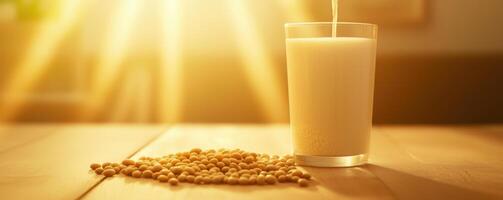 Glowing Golden Soy Milk Being Poured Into Glass photo