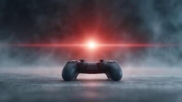 A gaming console ad with glowing screens and exciting features photo