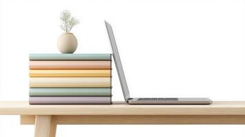 Modern Workspace with Laptop and Colorful Books on a Minimalist Wooden Desk for Study or Home Office photo