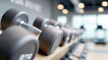 a fitness gym with dumbbells, treadmills, and motivational quotes on the wall photo