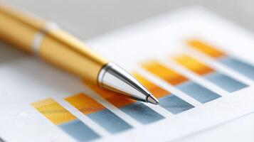 A financial chart with upward trends and a golden pen photo
