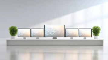 Modern Workspace with Multiple Monitors on a White Display Shelf Against Bright Background photo