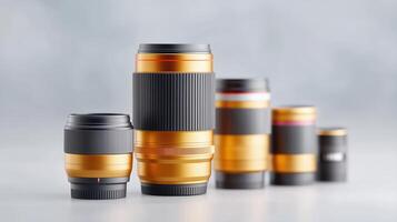 Collection of Professional Camera Lenses with Vibrant Gold and Black Design on Soft Blurred Background photo