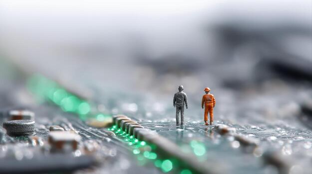 Two miniature figures standing on a circuit board with glowing green lights in the background photo