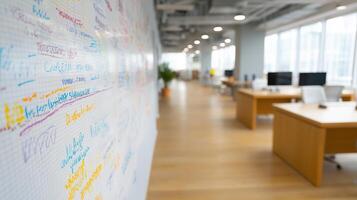 Modern Office Interior Featuring Collaborative Workspace with Whiteboard and Natural Light Flooding In photo