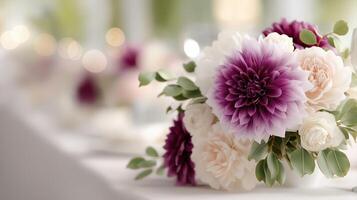 Elegant Floral Arrangement with Purple Dahlia and Cream Roses for Wedding Decor and Special Events photo