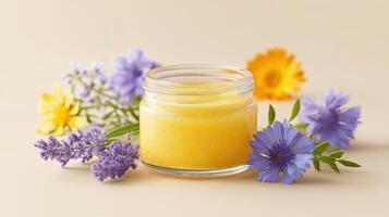 Bright Yellow Honey in Glass Jar Surrounded by Fresh Colorful Flowers on Soft Beige Background photo