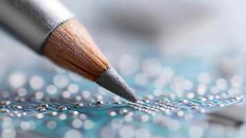 Close-up of a Pencil Tip Touching a Circuit Board with Bokeh Effect and Detailed Patterns in Focus photo