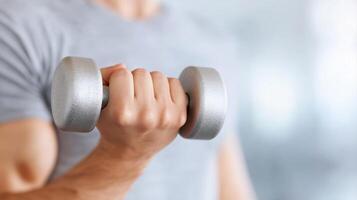 Close-Up of a Person's Hand Gripping a Silver Dumbbell in a Bright Fitness Environment photo