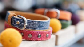 Colorful denim and textile bracelets displayed with vibrant pom poms for fashionable accessory lovers photo
