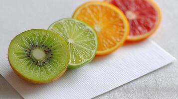 Freshly Sliced Citrus and Kiwi Fruits Displayed on White Background for Healthy Eating Concept photo