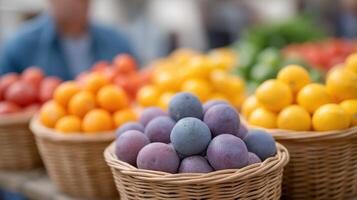Fresh Organic Fruits Displayed in Baskets at Local Market with Vibrant Colors and Rustic Atmosphere photo