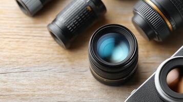 Close-Up View of Various Camera Lenses and a Camera Body on Wooden Table Surface photo