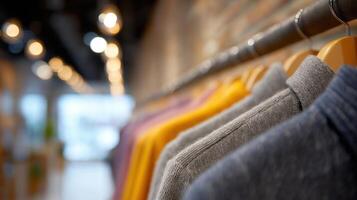 Cozy Fashion Display of Colorful Sweaters in Modern Boutique Setting with Soft Lighting Effects photo