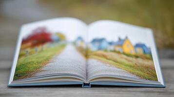 Open book on wooden table with blurred landscape of houses, roads, and colorful trees in the background photo