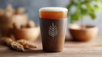 Captivating Wooden Cup with Foam Topped Beverage Surrounded by Natural Elements and Rustic Decor photo