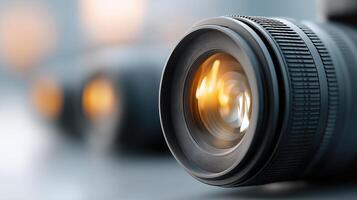 Close-up View of a Professional Camera Lens with Soft Background and Warm Highlights in Photography Studio photo