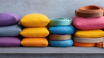 Colorful Fabric Pouches and Straps Stacked Neatly on a Light Wood Surface for Creative Projects photo