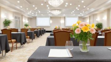 Elegant Conference Room Setup with Flower Centerpieces and Modern Lighting photo