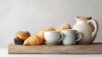 Freshly Baked Pastries and Cups of Coffee on Wooden Tray with Soft Gray Background photo