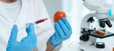 Scientist check chemical food residues in laboratory. Control experts inspect quality of fruit, scientists inject chemicals into apples for experiments, hazards, prohibited substance, contaminate. photo