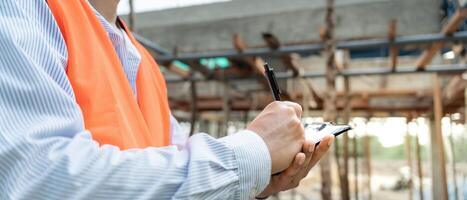 inspector is inspecting construction and quality assurance new house using a checklist. Engineers or architects or contactor work to build the house before handing it over to the homeowner photo