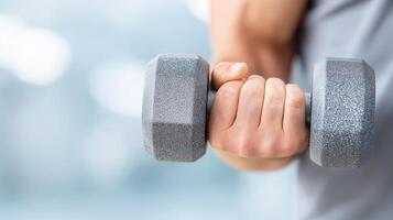 Close-Up of a Hand Gripping a Weight Dumbbell in a Fitness Training Session with Blurred Background photo