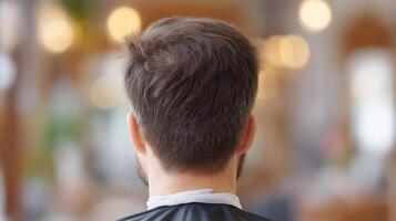 Close-Up View of Man with Short Hair from Back in Barbershop Setting with Blurred Background Lights photo