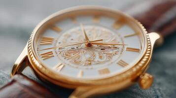 Elegant golden watch with intricate design and a stylish leather strap on a textured background photo