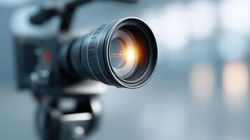 Close-Up of a Professional Camera Lens with Reflected Light Creating a Stunning Visual Effect photo