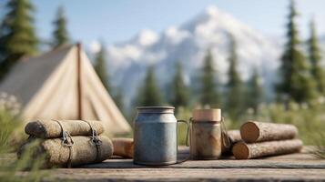 Scenic Camping Setup with Gear, Tent, Mountains, and Forest in Beautiful Natural Environment photo