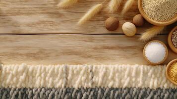 Natural Textures and Colors with Yarn, Grains, and Decorative Elements on Wooden Background photo