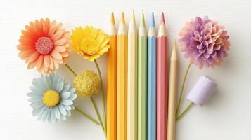 Colorful Pencils Surrounded by Bright Flowers on a Light Background photo