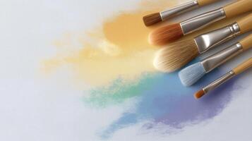 Colorful Paint Brushes on White Background with Bright Splashes of Color for Creative Projects photo