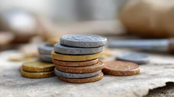 Stacked Coins in Various Colors on a Rustic Surface with Soft Focus Background photo