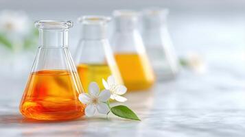Laboratory Glassware with Colorful Liquids and Fresh Flowers on Bright Background photo
