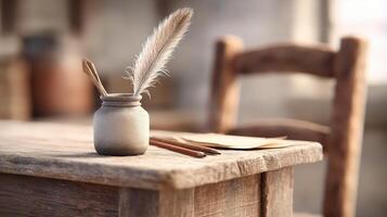 Vintage writing tools on rustic wooden table with feather quill and ink pot in warm light photo