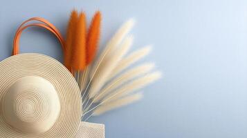 Elegant Summer Accessories with Straw Hat and Colorful Pampas Grass on Blue Background photo