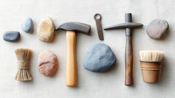 Unique Arrangement of Craft Tools and Natural Stones on Soft Fabric Surface photo