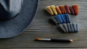 Artistic Flat Lay of Colorful Yarn Samples and Brush on Wooden Surface with Hat photo