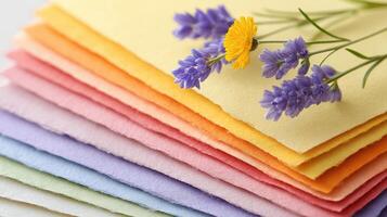 Colorful Paper Stacks with Fresh Lavender and Yellow Flower Arrangement on a Soft Background photo