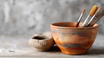 Artistic Ceramic Bowl with Paint Brushes on Rustic Background for Creative Projects and Inspiration photo