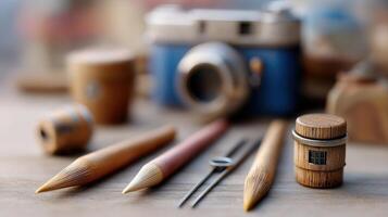 Vintage Photography Equipment with Wooden Tools and Accessories on a Wooden Table Background photo